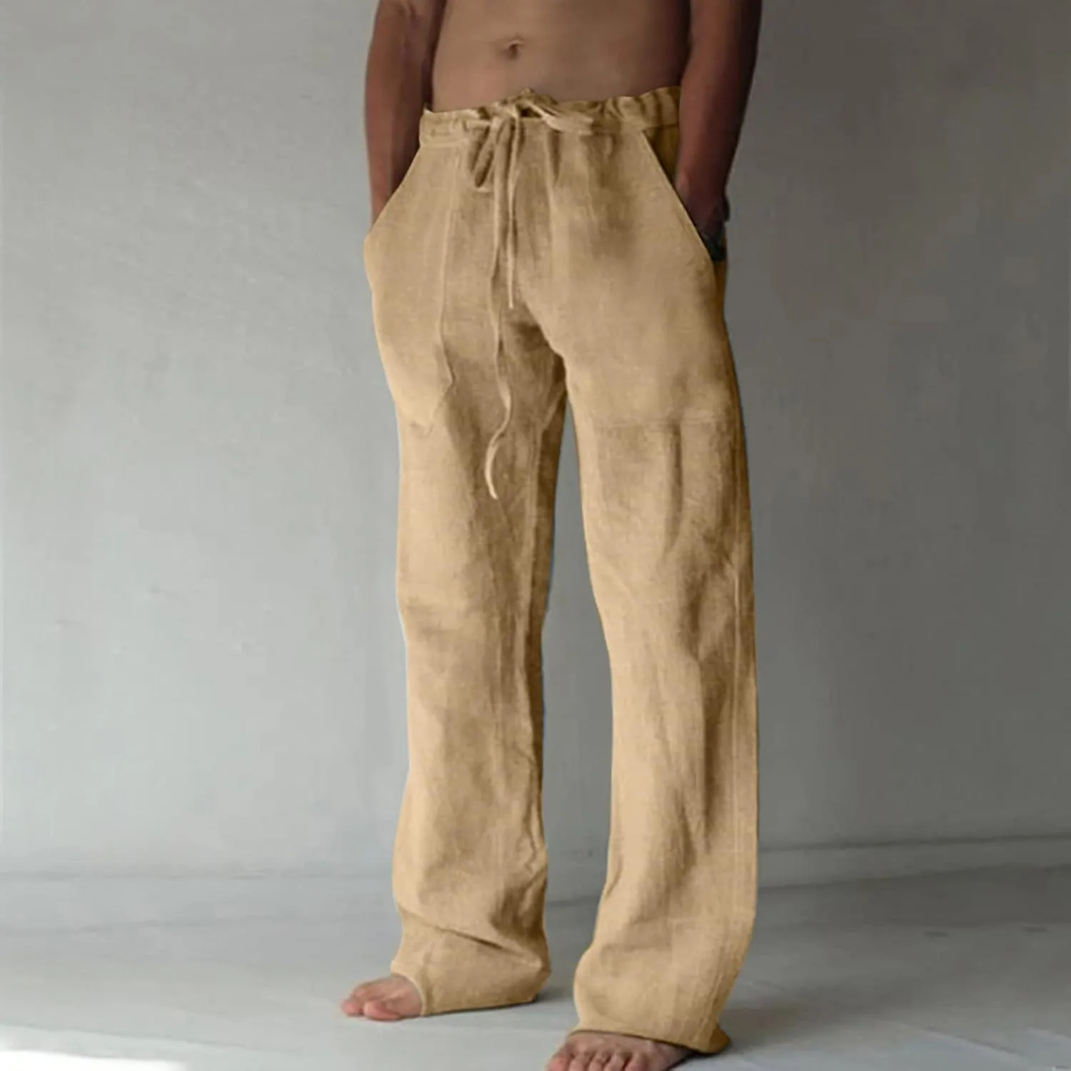 Men's Summer Cotton Linen Pants Solid Casual Drawstring Pant 2025 New Beach Vacation Trousers Business Work Clothes