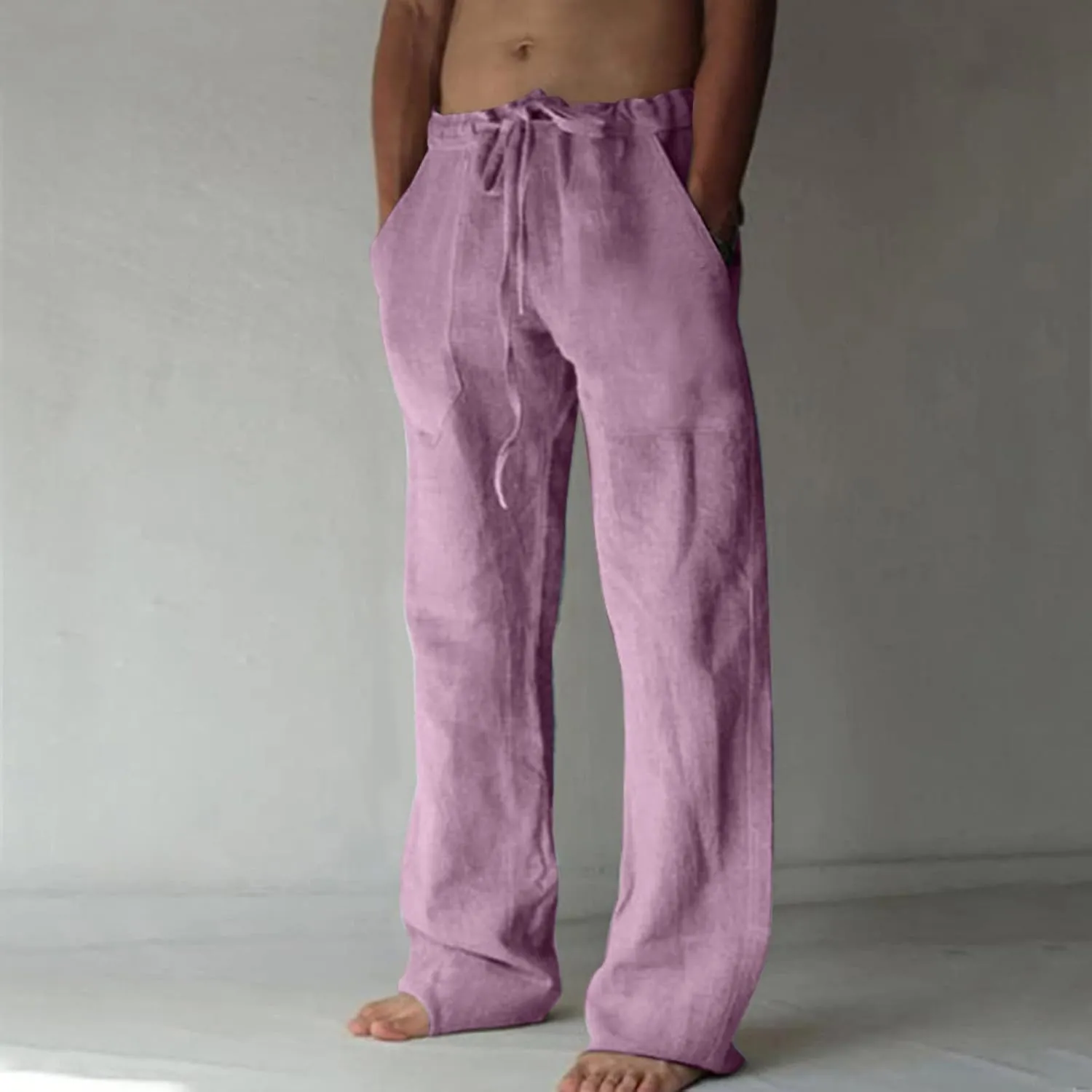 Men's Summer Cotton Linen Pants Solid Casual Drawstring Pant 2025 New Beach Vacation Trousers Business Work Clothes