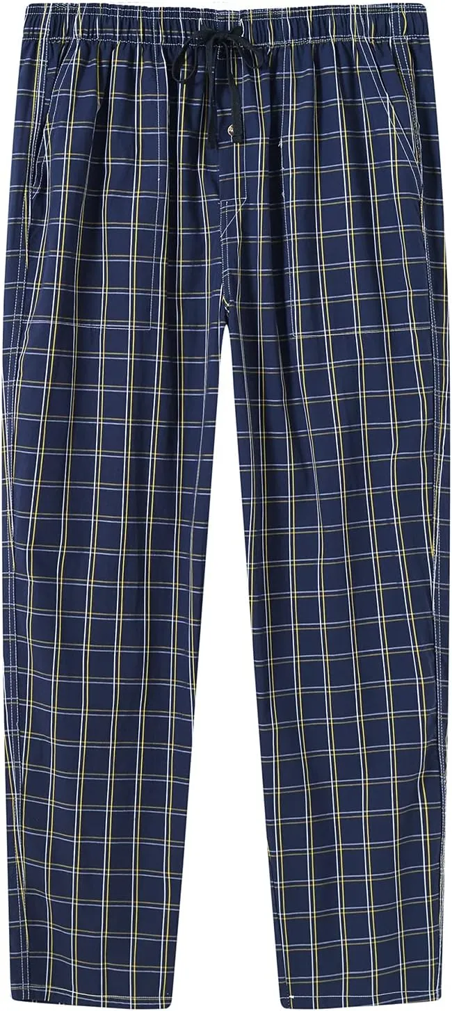 MoFiz Mens Cotton Pajama Pants Lightweight Lounge Sleep Plaid Bottoms with Pockets Drawstring