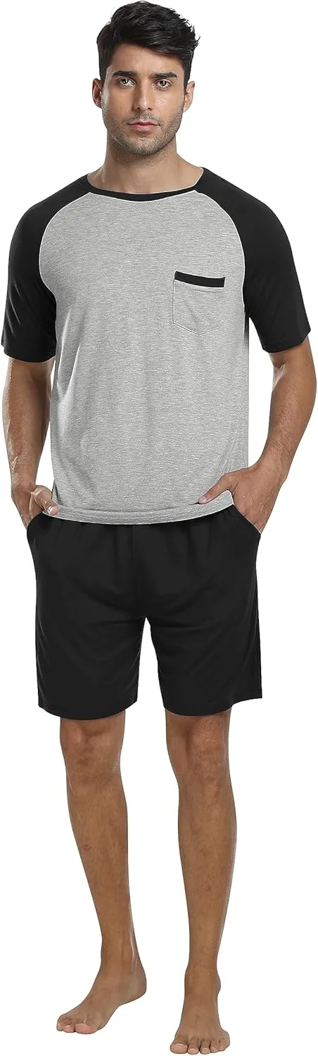 MoFiz Men's Pajama Set 3 Pieces Lightweight Sleep Cozy Modal Lounge Sleep Set Bottoms Pants T-Shirt Pajama Shorts for Men