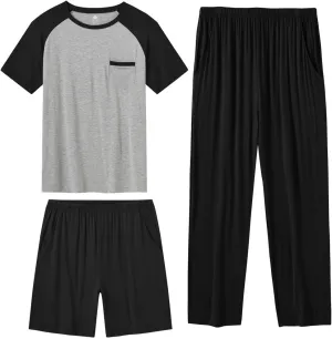 MoFiz Men's Pajama Set 3 Pieces Lightweight Sleep Cozy Modal Lounge Sleep Set Bottoms Pants T-Shirt Pajama Shorts for Men