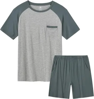 MoFiz Men's Sleep Sets,Modal Pajamas Set Ultra Soft Sleepwear Short Sleeve Top & Bottom PJS Lounge Set 2 pieces