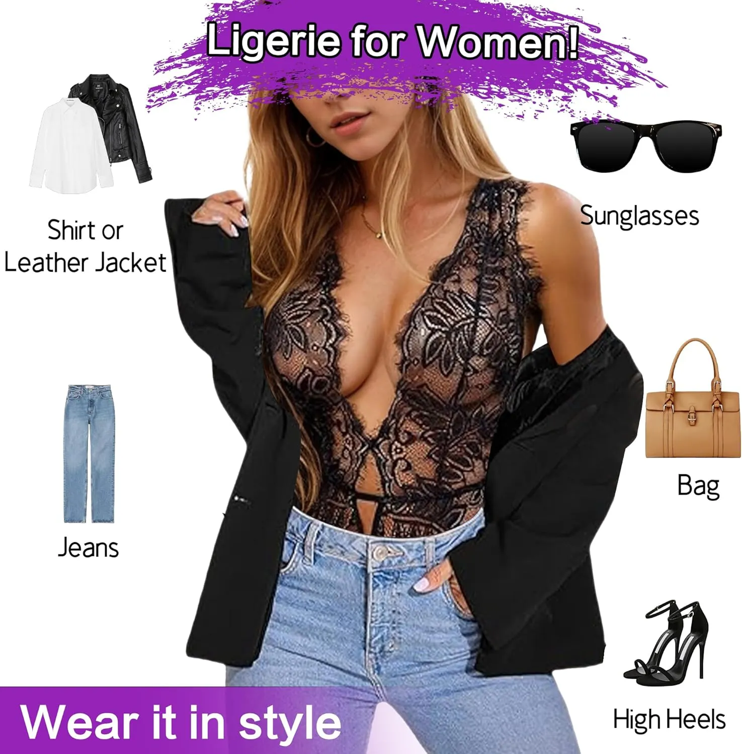 Narcisse Teddy Lingerie for Women Sexy One Piece Bodysuit Lingerie Lace Womens Babydoll Underwear Deep V Neck Lingerie Sets