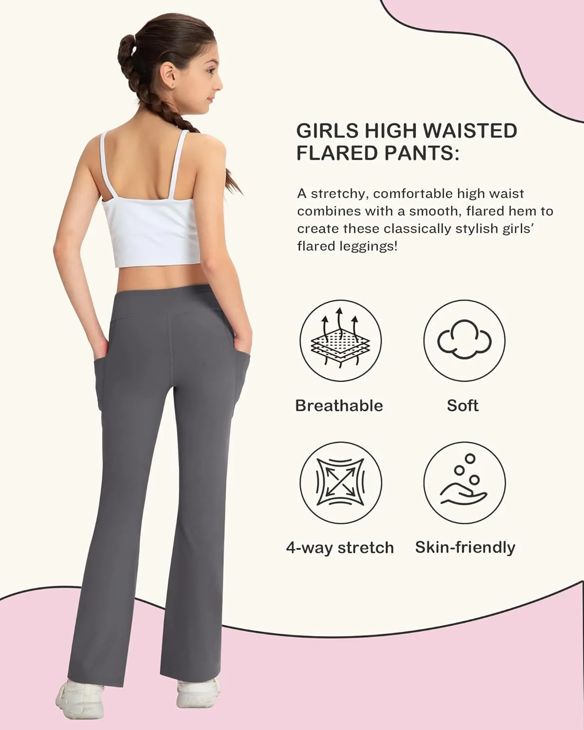 NORMOV Girl's Bootcut Yoga Pants with Pockets,High Waisted Casual Kids Bell Bottoms Pants