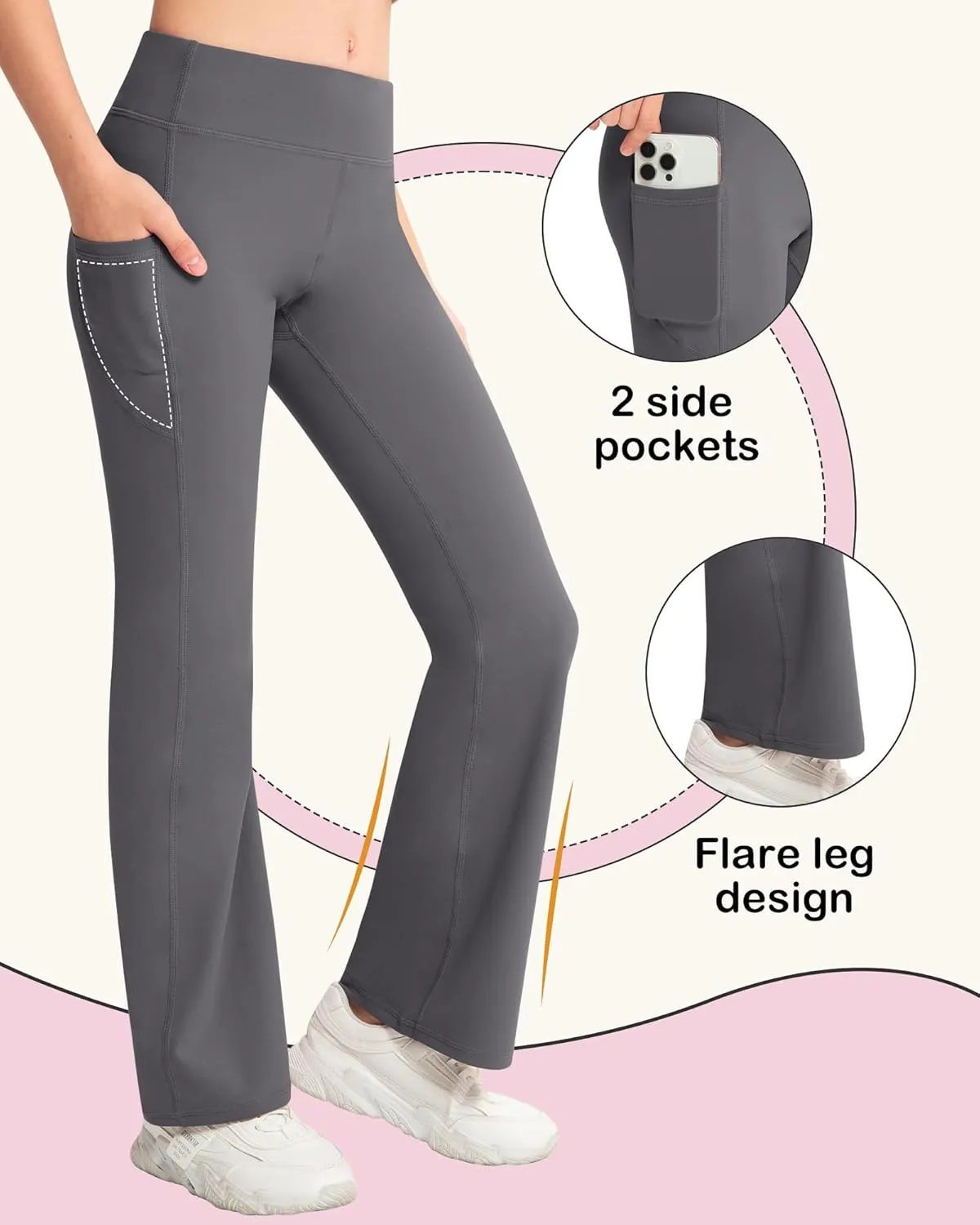 NORMOV Girl's Bootcut Yoga Pants with Pockets,High Waisted Casual Kids Bell Bottoms Pants