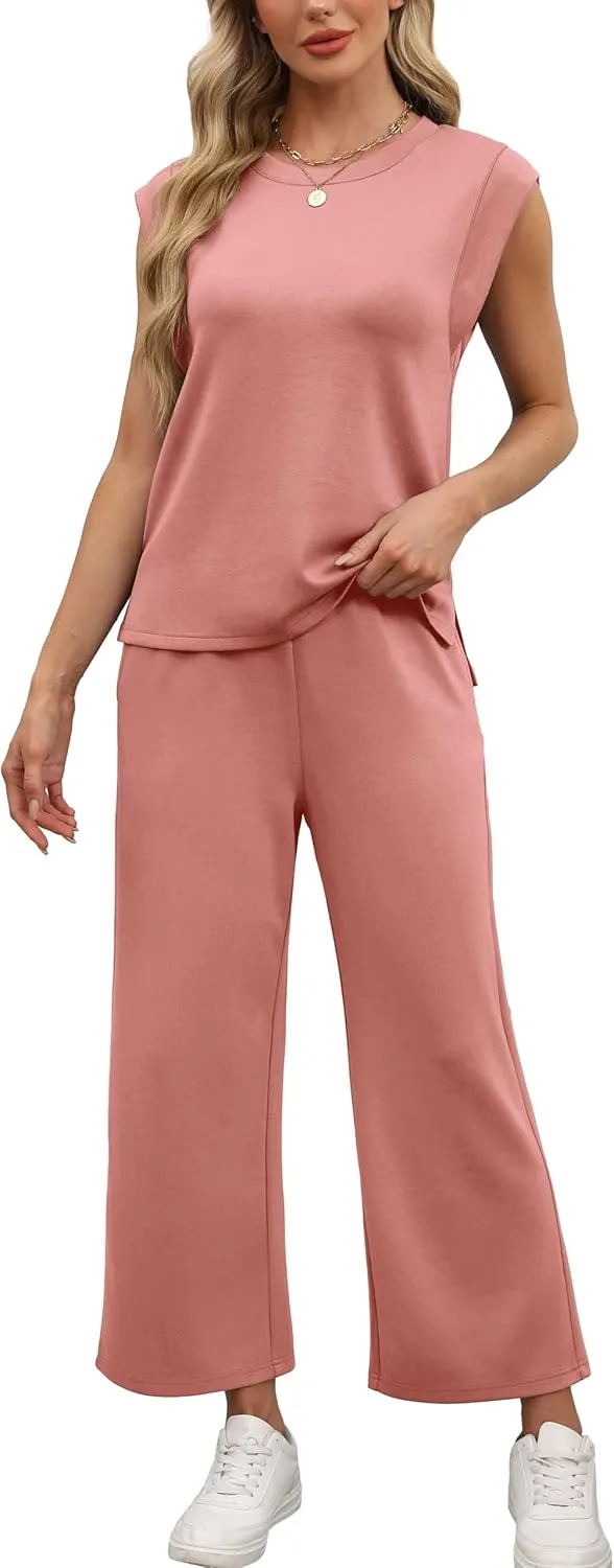OFEEFAN Lounge Sets for Women 2 Piece Matching Sets Spring Summer Outfits Casual Cap Sleeve Crewneck Wide Leg Pants