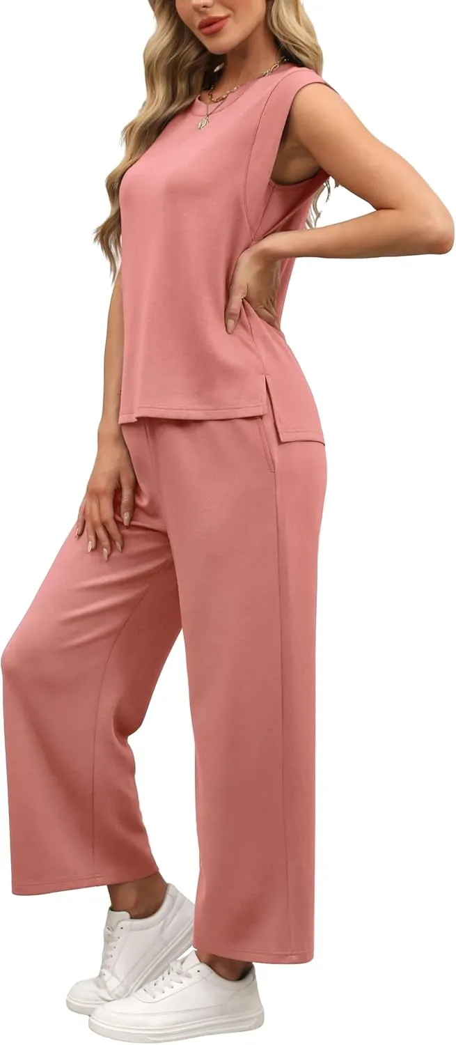 OFEEFAN Lounge Sets for Women 2 Piece Matching Sets Spring Summer Outfits Casual Cap Sleeve Crewneck Wide Leg Pants