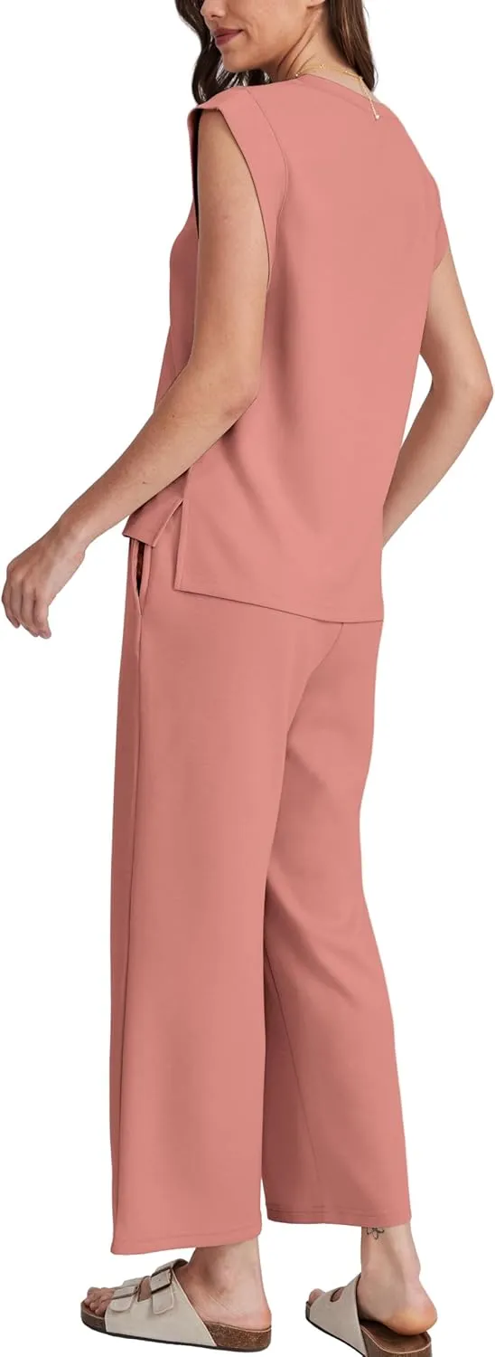 OFEEFAN Lounge Sets for Women 2 Piece Matching Sets Spring Summer Outfits Casual Cap Sleeve Crewneck Wide Leg Pants