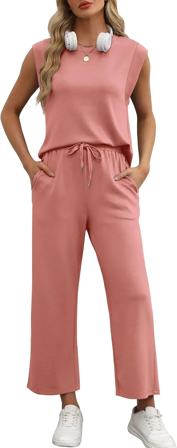 OFEEFAN Lounge Sets for Women 2 Piece Matching Sets Spring Summer Outfits Casual Cap Sleeve Crewneck Wide Leg Pants