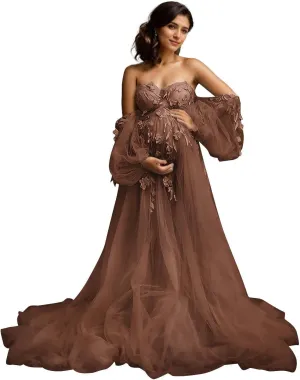 Off Shoulder Maternity Dress for Photoshoot Lace Appliques Tulle Robe Bridal Lingerie Bathgown Pregnancy Gown