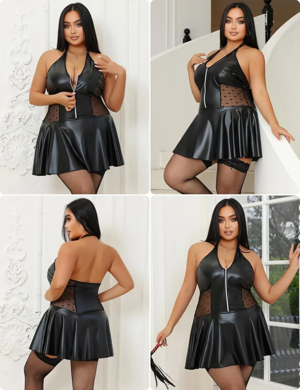ohyeah PU Leather Lingerie Set for Women Plus Size Lingerie with Garter Belt Halter Chemise Lingerie Dress