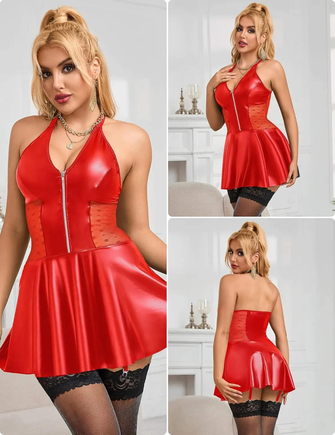 ohyeah PU Leather Lingerie Set for Women Plus Size Lingerie with Garter Belt Halter Chemise Lingerie Dress