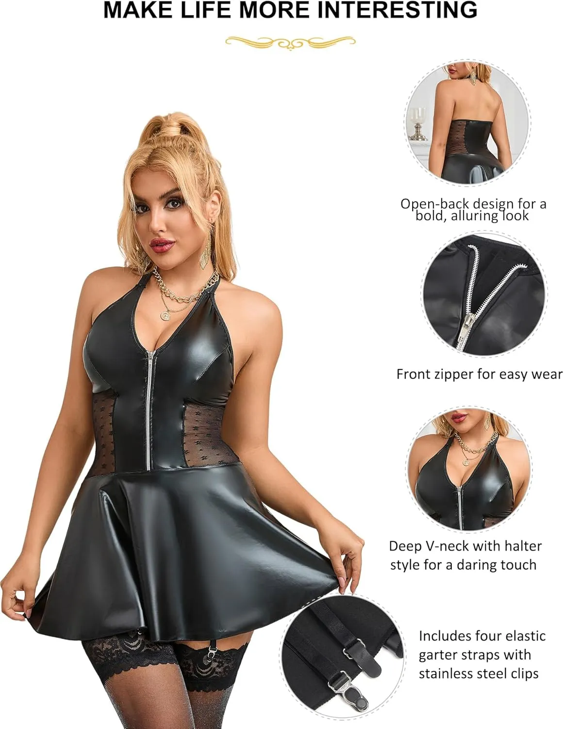 ohyeah PU Leather Lingerie Set for Women Plus Size Lingerie with Garter Belt Halter Chemise Lingerie Dress
