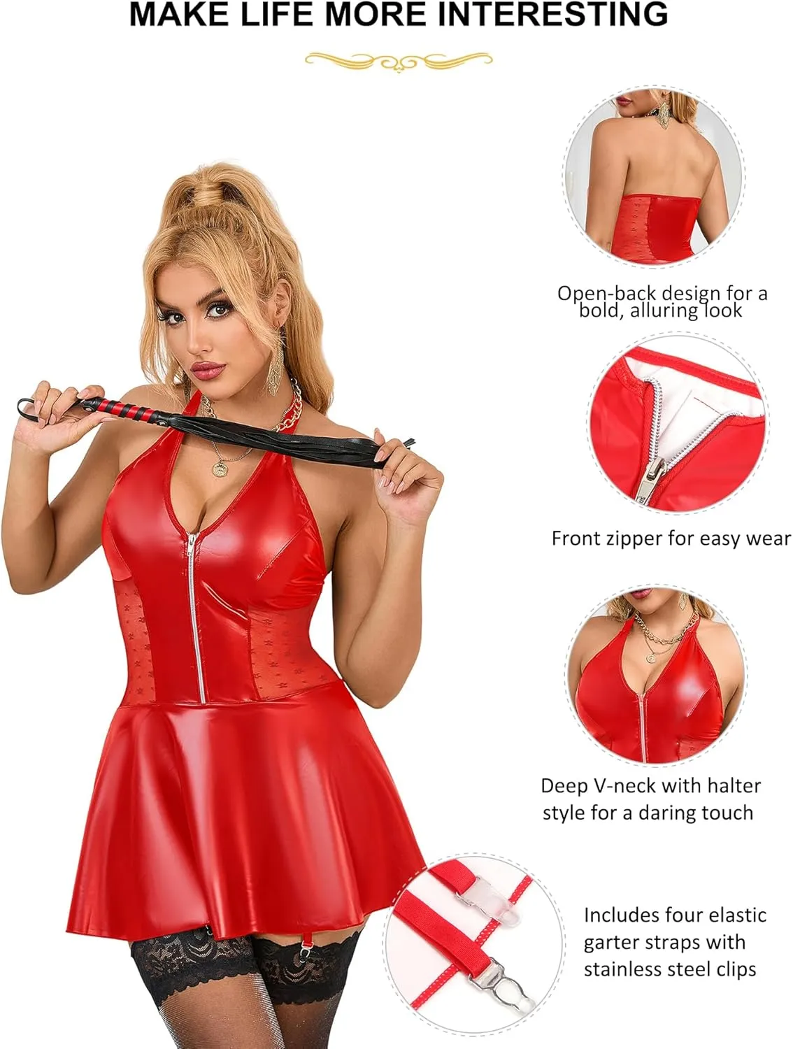 ohyeah PU Leather Lingerie Set for Women Plus Size Lingerie with Garter Belt Halter Chemise Lingerie Dress