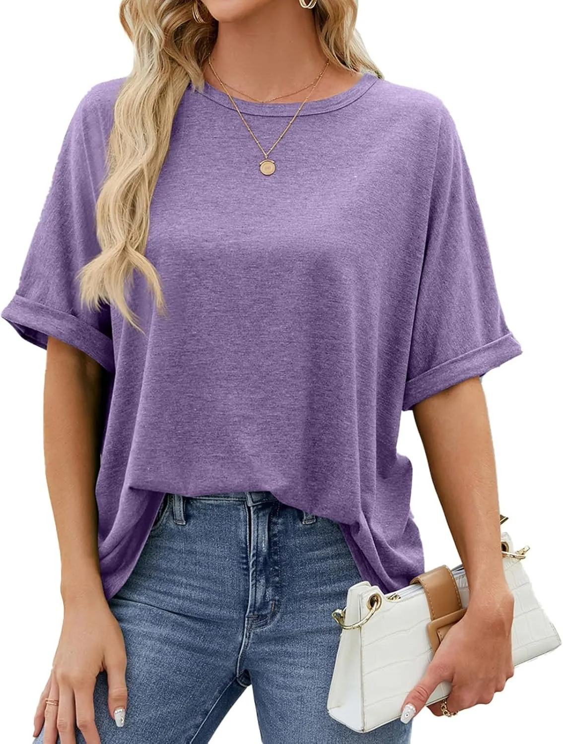 Oversized Tshirts for Women Crew Neck Rolled Elbow Length Summer Tops Dressy Half Sleeve Loose Fit Cute Shirts