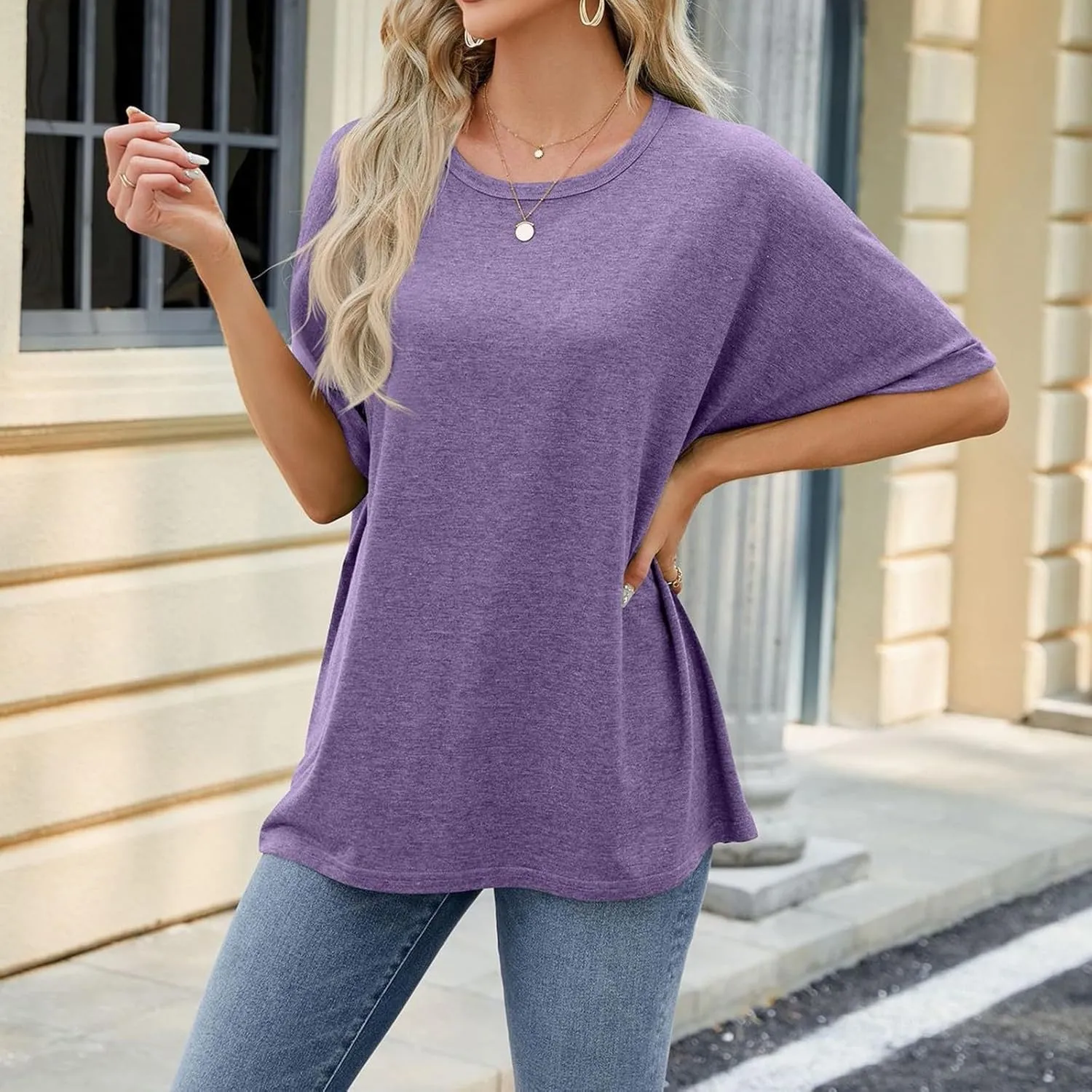 Oversized Tshirts for Women Crew Neck Rolled Elbow Length Summer Tops Dressy Half Sleeve Loose Fit Cute Shirts
