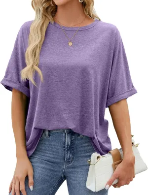 Oversized Tshirts for Women Crew Neck Rolled Elbow Length Summer Tops Dressy Half Sleeve Loose Fit Cute Shirts