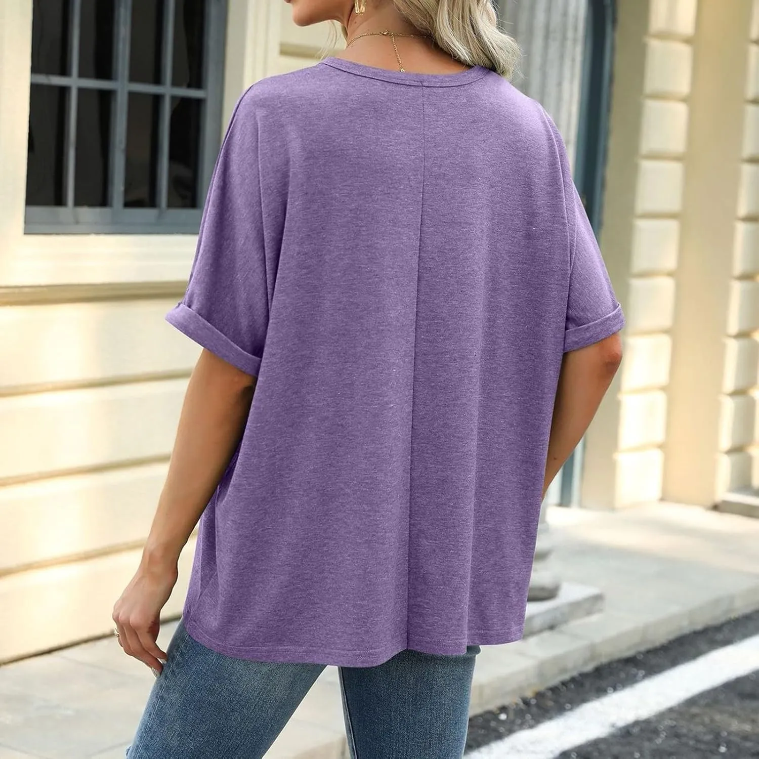 Oversized Tshirts for Women Crew Neck Rolled Elbow Length Summer Tops Dressy Half Sleeve Loose Fit Cute Shirts
