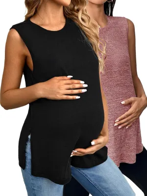 OYOANGLE Women's Maternity 2 Pack Piece Casual Sleeveless Sleep Shirts Split Hem T-Shirt Pregnancy Tank Top