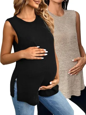 OYOANGLE Women's Maternity 2 Pack Piece Casual Sleeveless Sleep Shirts Split Hem T-Shirt Pregnancy Tank Top