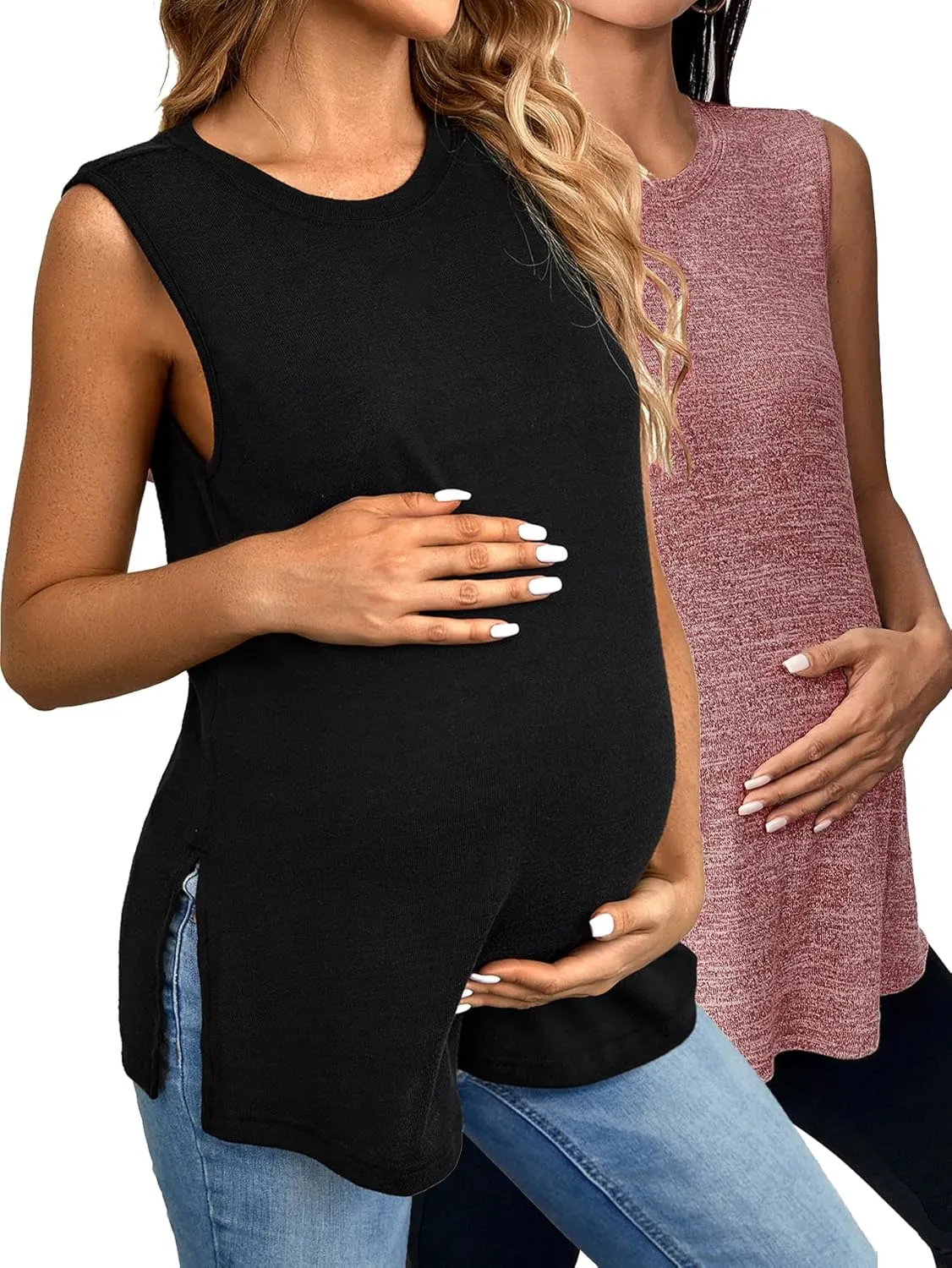 OYOANGLE Women's Maternity 2 Pack Piece Casual Sleeveless Sleep Shirts Split Hem T-Shirt Pregnancy Tank Top