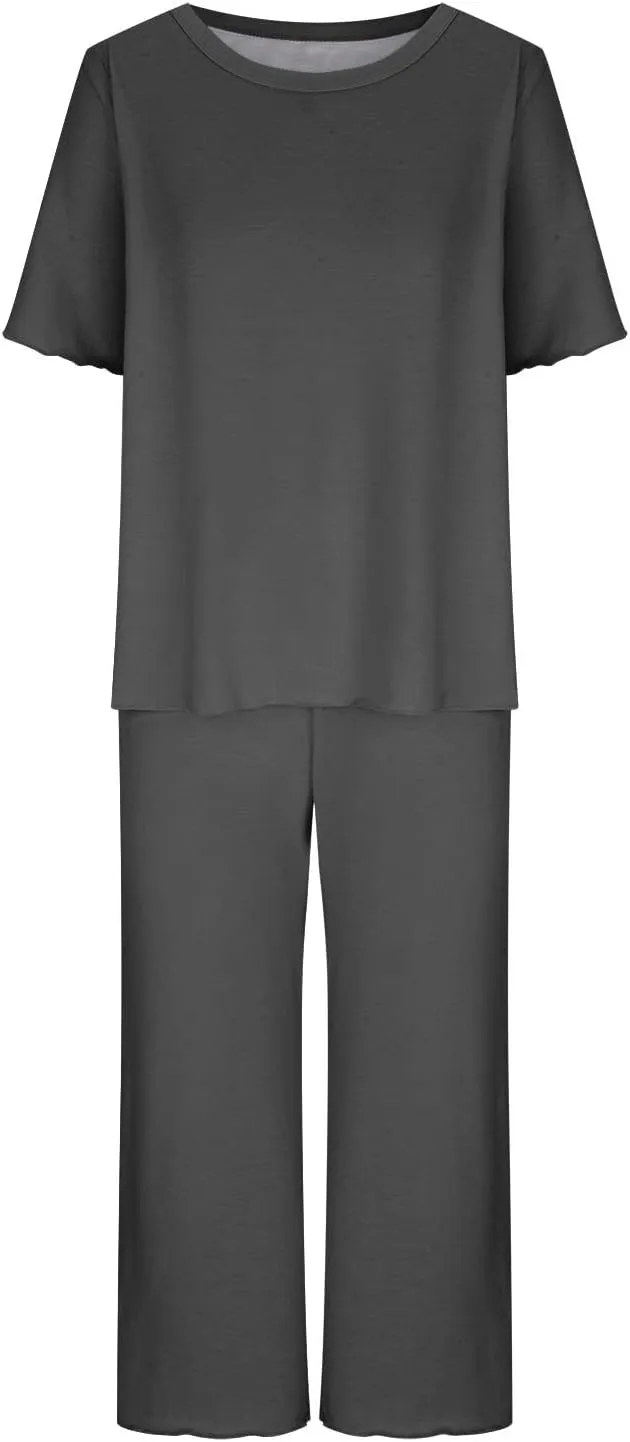 Pajamas for Women 2023 Set Short Sleeve Capri Pajamas Ladies Soft Comfy Pjs Summer Lounge Sleepwear Set With Pockets