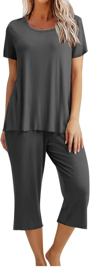 Pajamas for Women 2023 Set Short Sleeve Capri Pajamas Ladies Soft Comfy Pjs Summer Lounge Sleepwear Set With Pockets