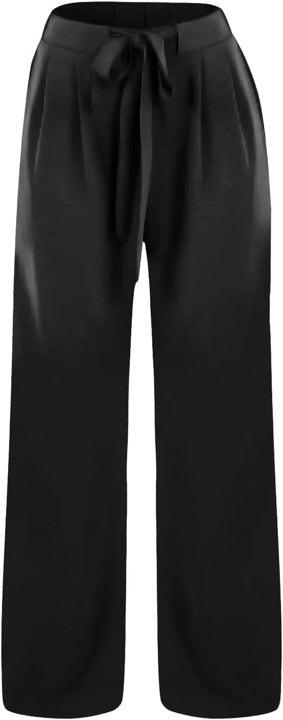 Palazzo Pants for Women Casual Cotton Linen Pants High Waisted Wide Leg Trousers Summer Lounge Pant with Belt Bow