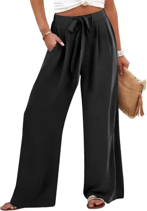 Palazzo Pants for Women Casual Cotton Linen Pants High Waisted Wide Leg Trousers Summer Lounge Pant with Belt Bow