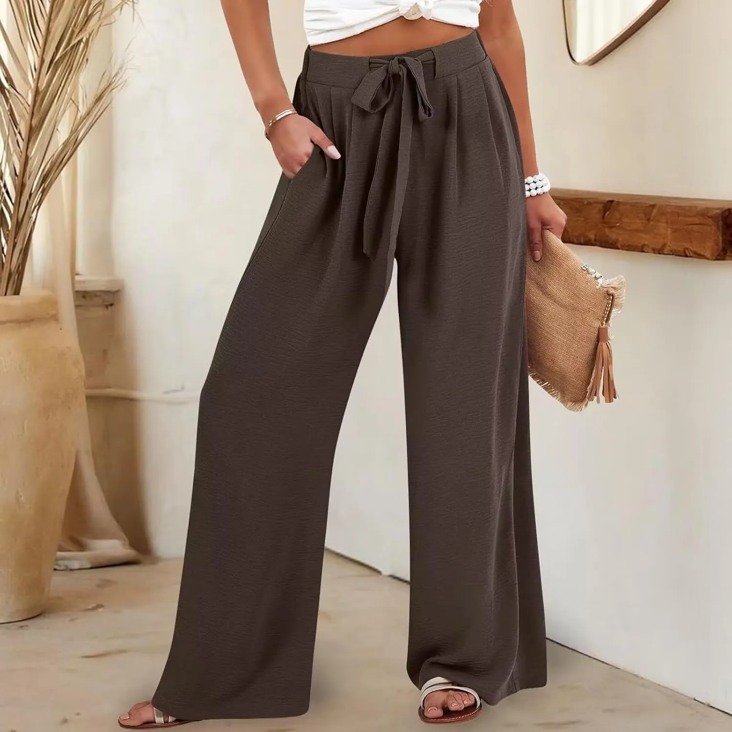 Palazzo Pants for Women Casual Cotton Linen Pants High Waisted Wide Leg Trousers Summer Lounge Pant with Belt Bow