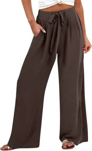 Palazzo Pants for Women Casual Cotton Linen Pants High Waisted Wide Leg Trousers Summer Lounge Pant with Belt Bow