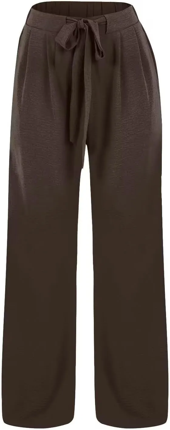 Palazzo Pants for Women Casual Cotton Linen Pants High Waisted Wide Leg Trousers Summer Lounge Pant with Belt Bow