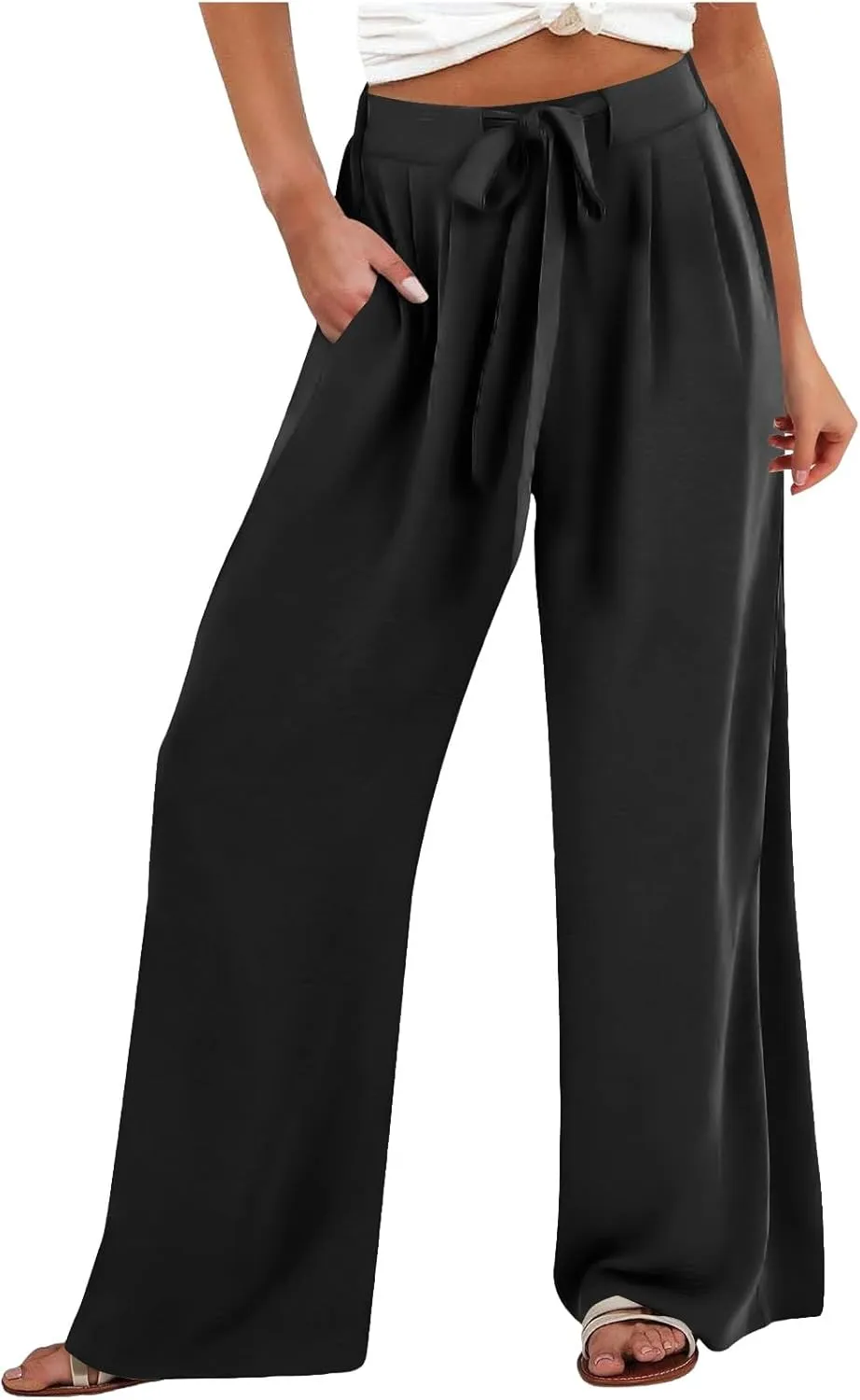 Palazzo Pants for Women Casual Cotton Linen Pants High Waisted Wide Leg Trousers Summer Lounge Pant with Belt Bow