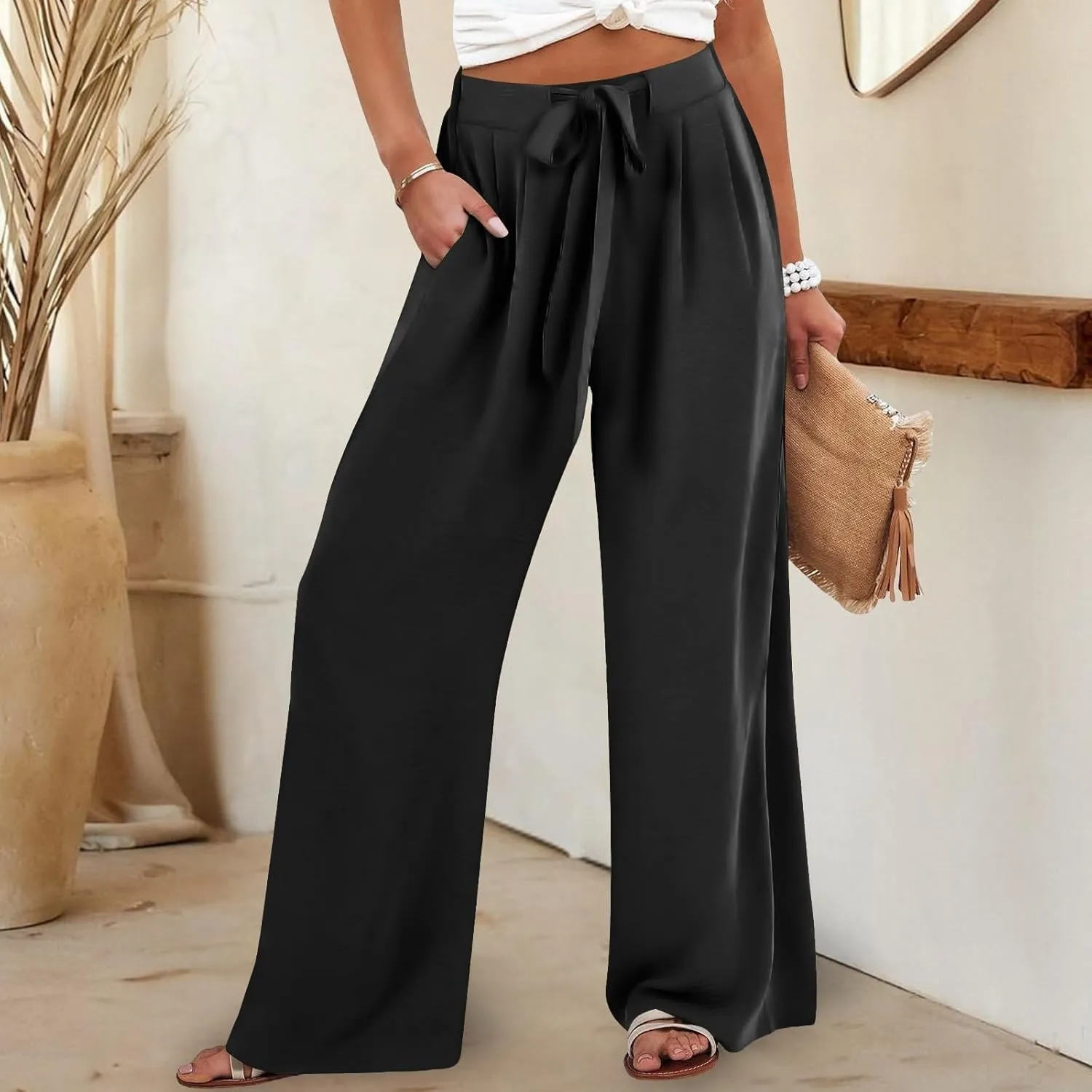 Palazzo Pants for Women Casual Cotton Linen Pants High Waisted Wide Leg Trousers Summer Lounge Pant with Belt Bow