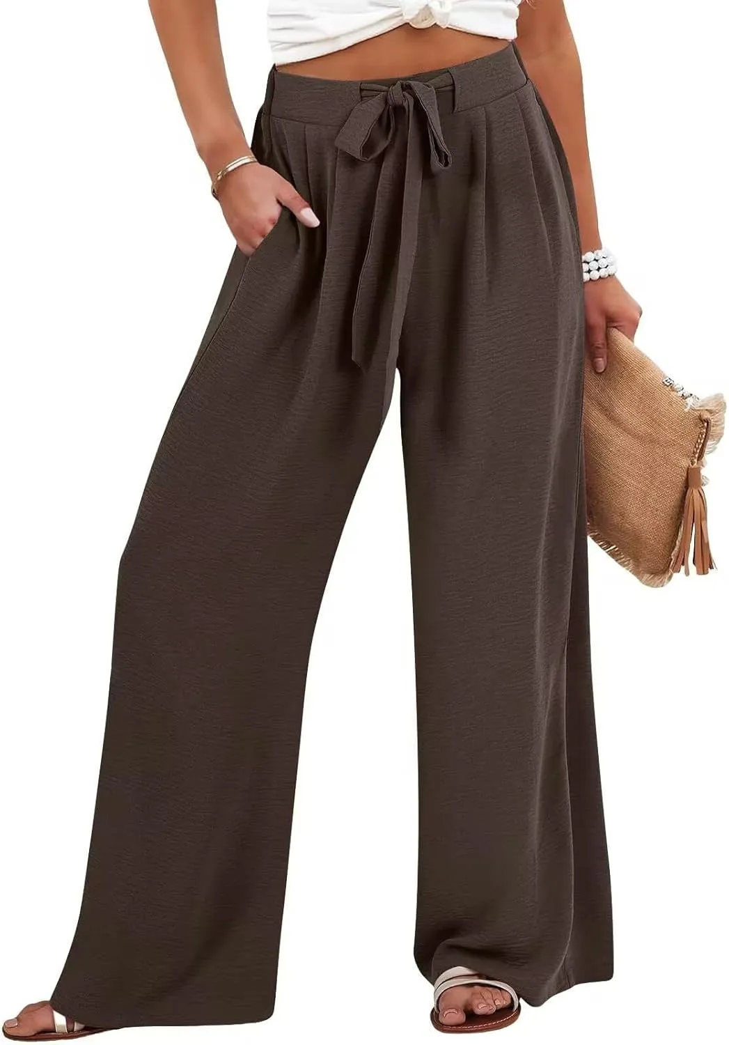 Palazzo Pants for Women Casual Cotton Linen Pants High Waisted Wide Leg Trousers Summer Lounge Pant with Belt Bow