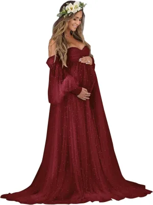 Pearl Tulle Maternity Dress for Photoshoot Long Puffy Sleeve Off Shoulder Babyshower Bridal Pregnancy Gowns