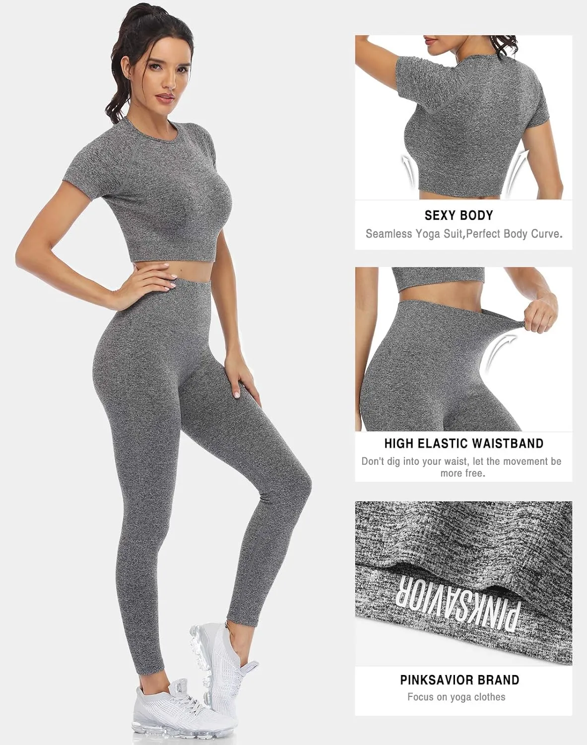 PINKSAVIOR Workout Sets for Women Two Piece Outfits Seamless High Waist Leggings Yoga Crop Tops Athletic Sports Gym Sets