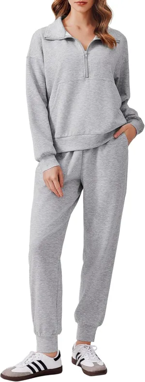 PINSPARK 2 Piece Sets for Women 2024 Fall Travel Outfits Long Sleeve Tracksuit Joggers Sets Half Zip Sweatsuit Matching Set