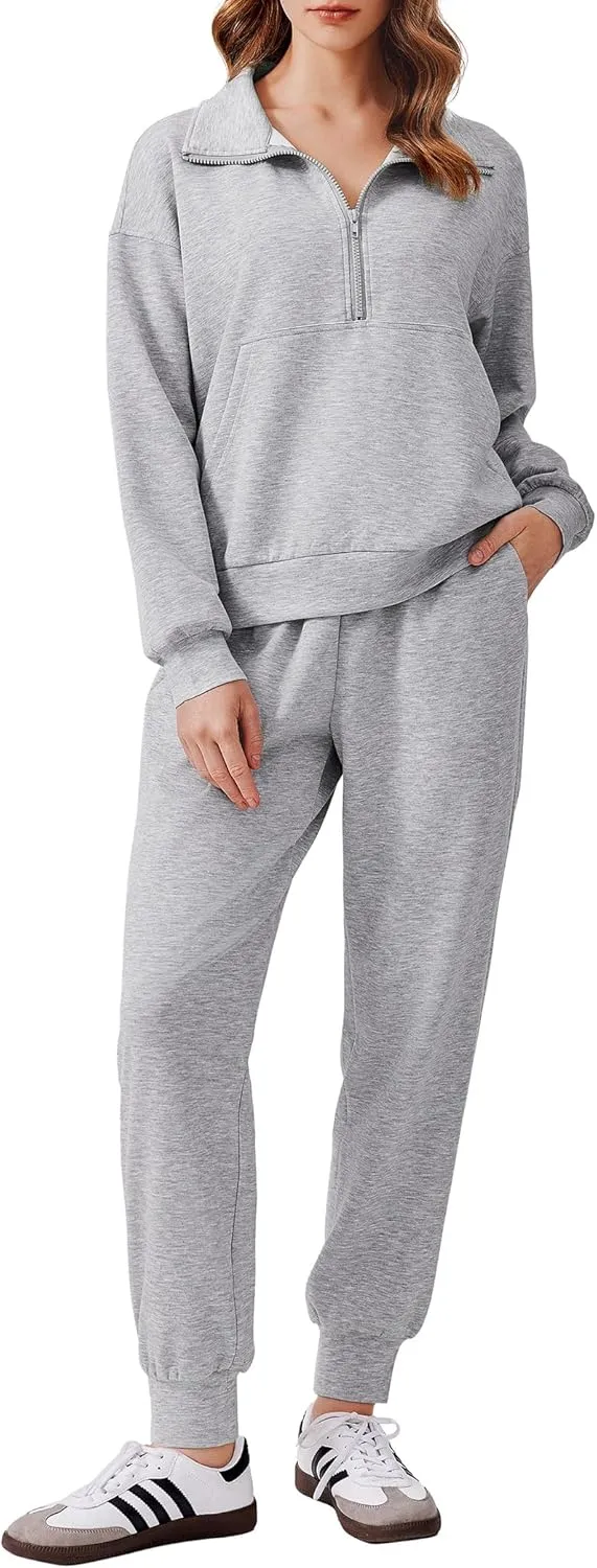PINSPARK 2 Piece Sets for Women 2024 Fall Travel Outfits Long Sleeve Tracksuit Joggers Sets Half Zip Sweatsuit Matching Set