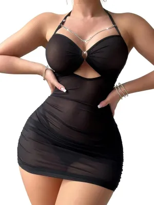 PITINAN Sexy Lingerie for Women Sheer Lingerie Set Bodycon Mini Lingerie Dress Ruched Party Clubwear Outfits