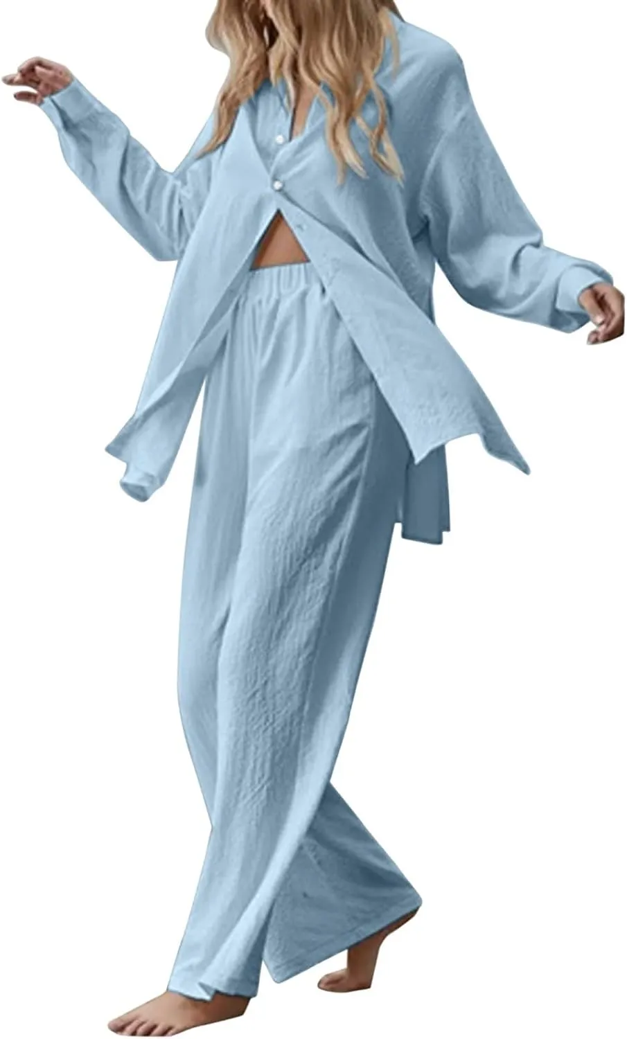 Plus Size Linen Sets For Women 2 Piece Lounge Sets Long Blouse Wide Leg Pants Sets Casual Beach Sets Classy Outfits