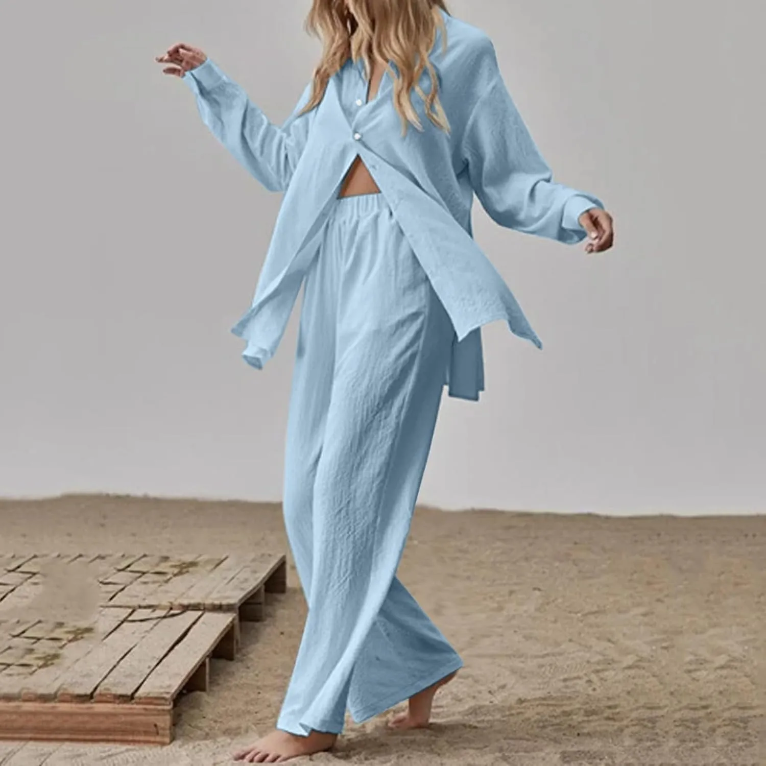 Plus Size Linen Sets For Women 2 Piece Lounge Sets Long Blouse Wide Leg Pants Sets Casual Beach Sets Classy Outfits