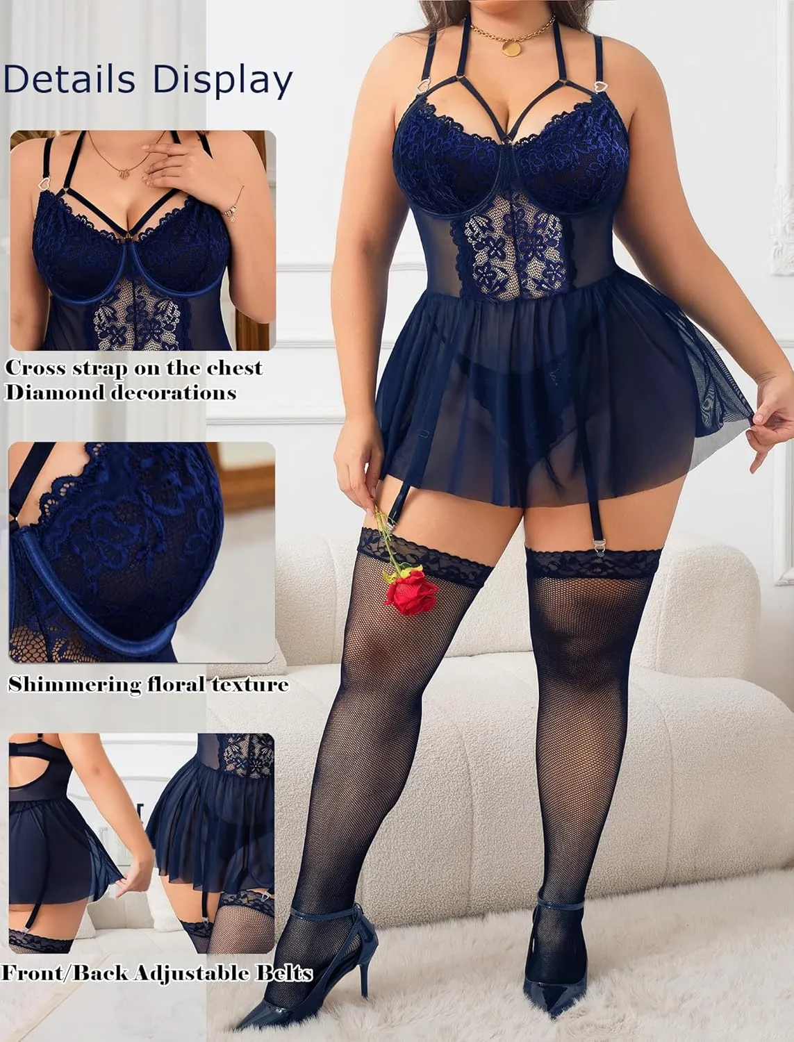 Plus Size Lingerie For Curvy Women Ruffle Lingerie Set Sexy Lace Lingerie Set Garter Belt With Stockings