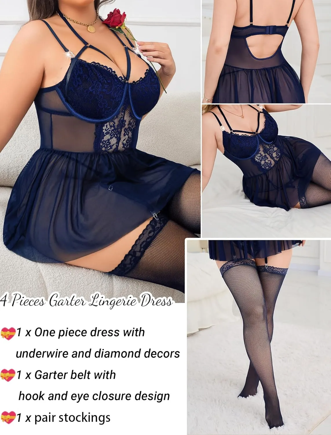 Plus Size Lingerie For Curvy Women Ruffle Lingerie Set Sexy Lace Lingerie Set Garter Belt With Stockings