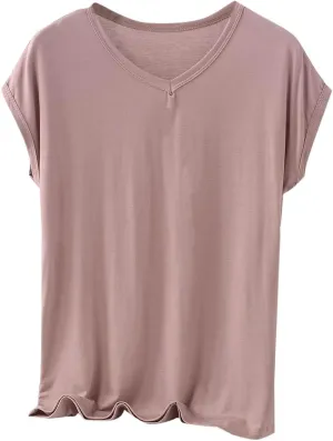 Plus Size Modal Pajamas Tops for Women 2025 Summer Sleep Shirts Short Sleeve V Neck Solid Color Tee Blouses