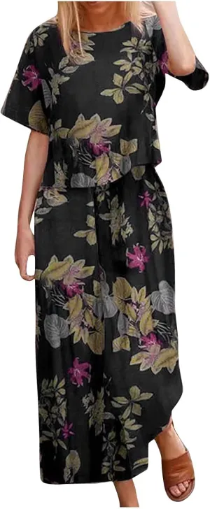 Plus Size Summer Outfits for Women 2 Piece Cotton Linen Sets Short Sleeve Tops Wide Leg Pants Lounge Matching Sets