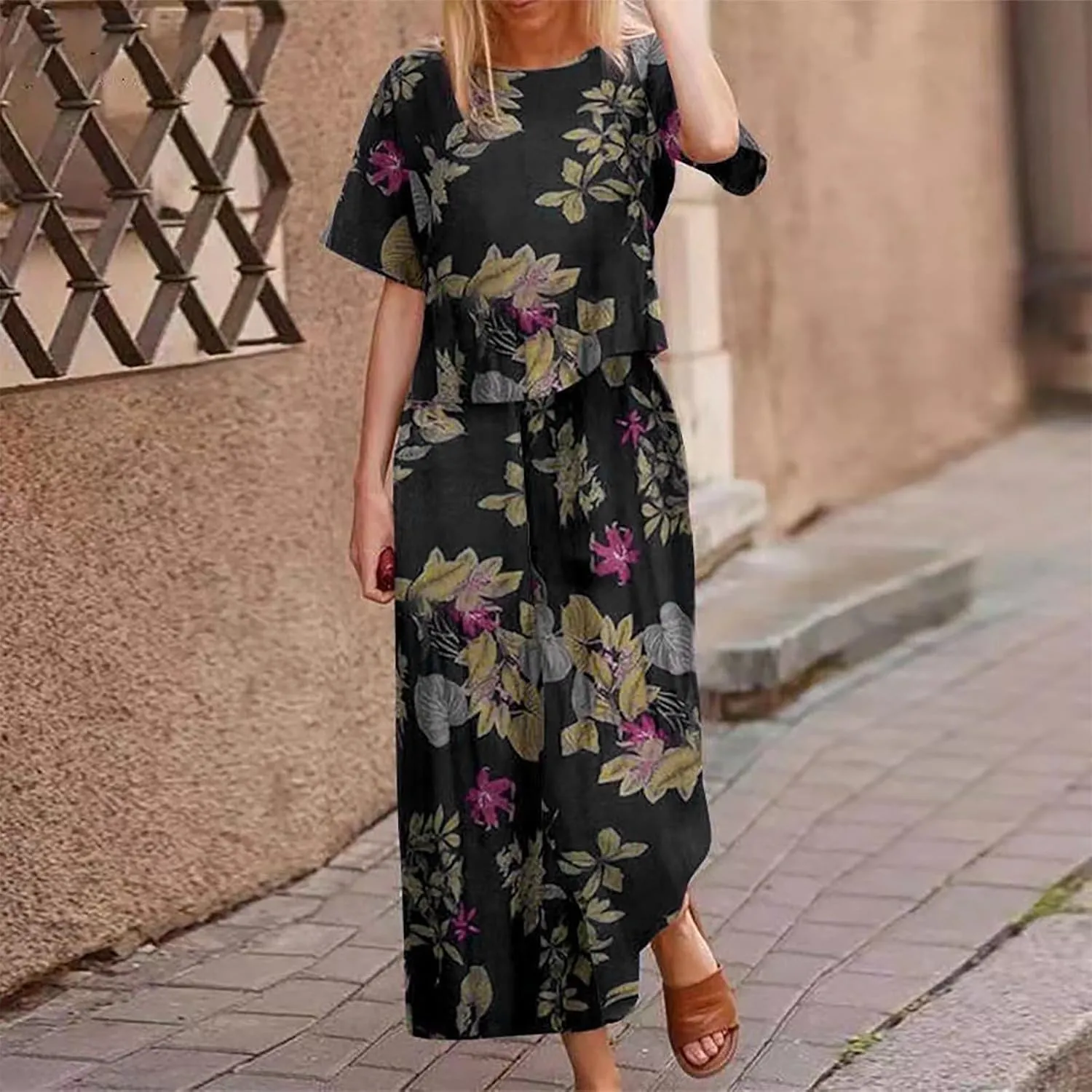 Plus Size Summer Outfits for Women 2 Piece Cotton Linen Sets Short Sleeve Tops Wide Leg Pants Lounge Matching Sets