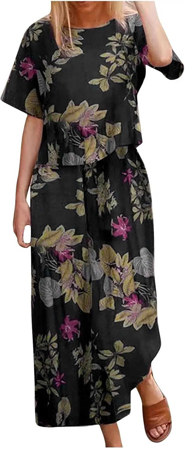 Plus Size Summer Outfits for Women 2 Piece Cotton Linen Sets Short Sleeve Tops Wide Leg Pants Lounge Matching Sets