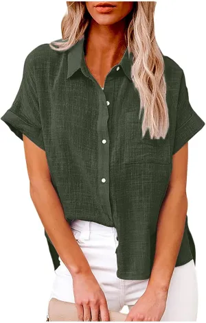 Plus Size Tops for Women Summer Cotton Linen Shirts Button Down Solid Color Tee Shirts Casual Vacation Clothes