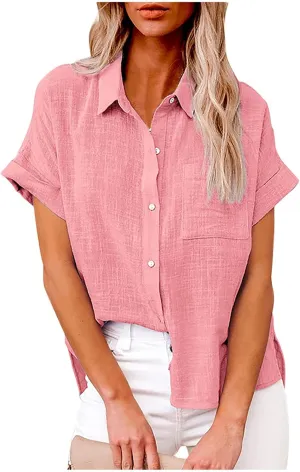 Plus Size Tops for Women Summer Cotton Linen Shirts Button Down Solid Color Tee Shirts Casual Vacation Clothes